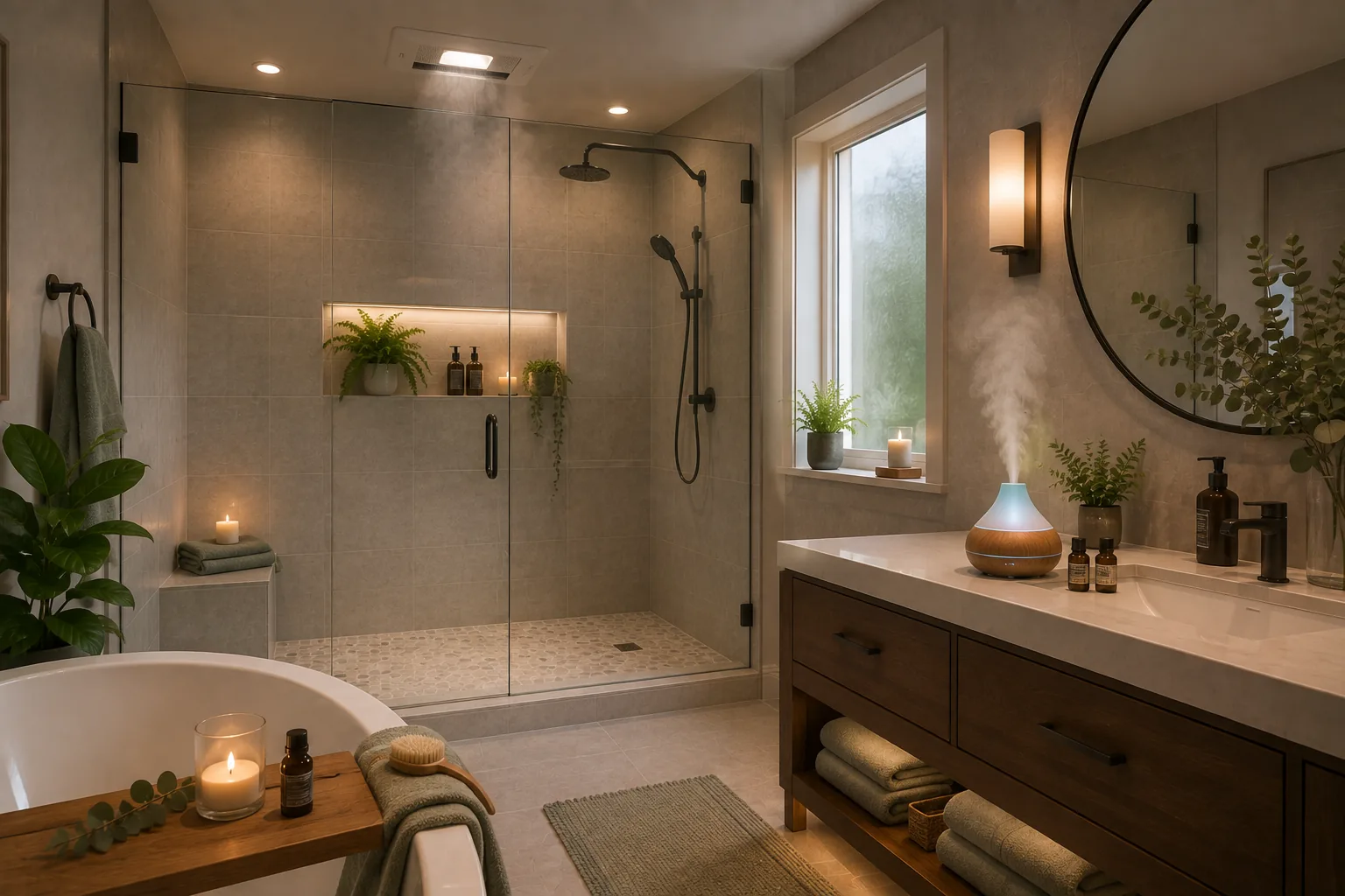 Creating a Tranquil Bathroom Oasis with Aromatherapy – Ventilation, Diffusers & Moisture Management